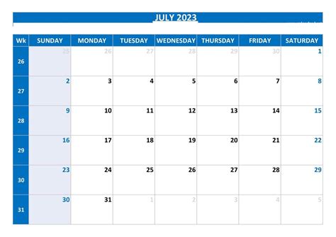 July 2023 Calendar Printable Template In Pdf Word Excel Free