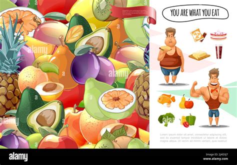 Cartoon Diet Concept With Fruits And Vegetables Seamless Pattern Fat
