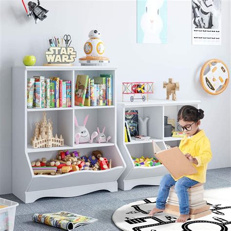 Kids Bookshelf Wood Toy Storage Cabinet Of 5 Bins White Bookcase For