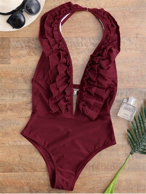 Ruffle Halter Plunge Neck One Piece Swimsuit Burgundy Womens One