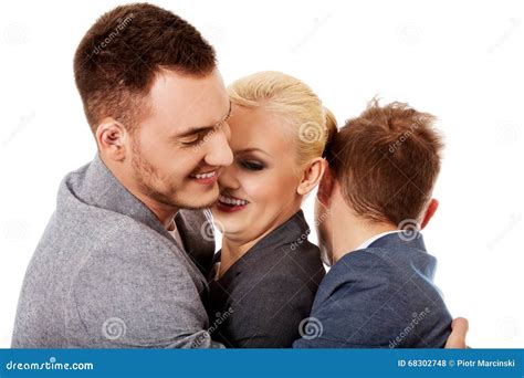 Happy Group Of Three People Hugging Stock Photo Image Of