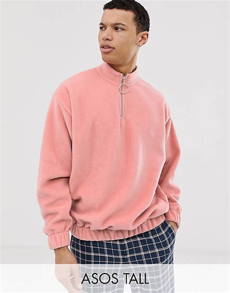 Asos Design Tall Oversized Turtle Neck Sweatshirt In Polar Fleece With Half Zip In Pink Asos