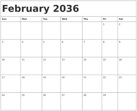 February 2036 Calendar Template