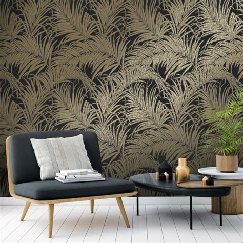 Sapphire Palm Leaf Wallpaper In Black And Bronze Leaf Wallpaper Palm
