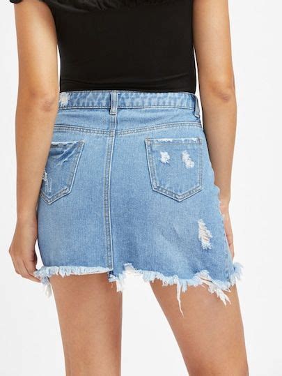 Light Wash Pocket Distressed Denim Skirt Shein Sheinside Ripped