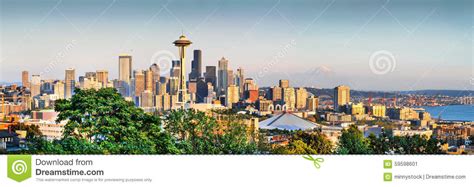 Seattle Skyline Panorama At Sunset Washington Usa Editorial Photo