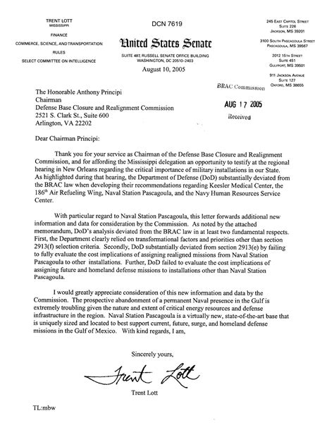 Executive Correspondence - Letter from Senator Trent Lott - Mississippi ...