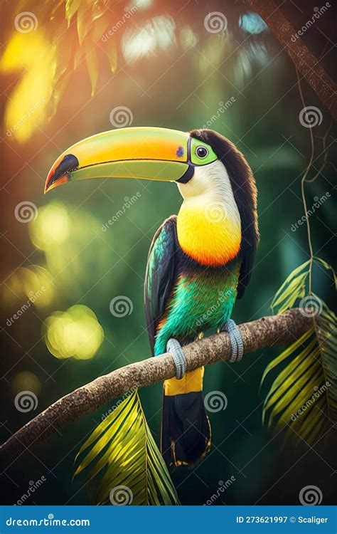 Exotic Toucan Bird Sits On A Tree Branch In The Rainforest Jungle