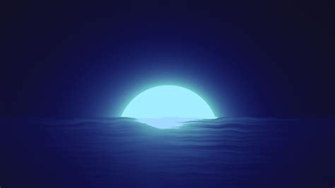 Abstract Blue Moon Over Water Sea And Horizon With Reflections
