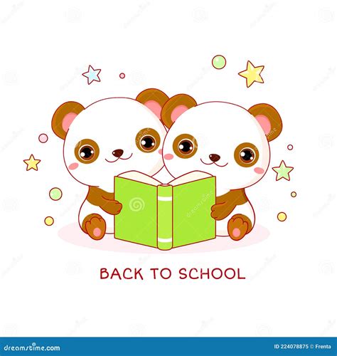 Back To School Two Cute Little Pandas With Book Stock Vector