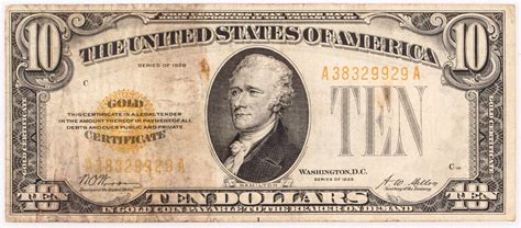 1928 10 Ten Dollars Us Gold Certificate Currency Bank Note Bill