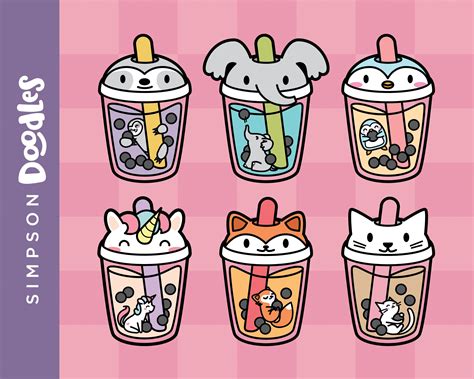 Bubble Tea Clipart Boba Drinks With Cute Animals Digital Clip Etsy