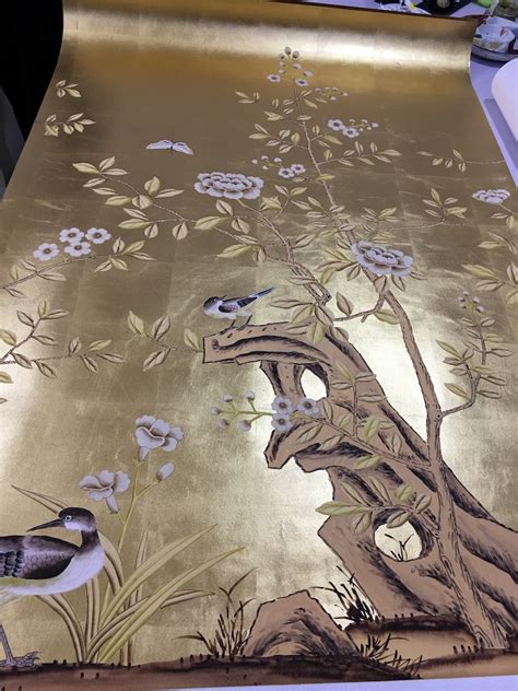 Chinoiserie Hand Painted Wallpaper On Gold Foil Gold Metallic Etsy