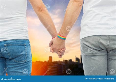 Male Couple With Gay Pride Rainbow Wristbands Stock Image Image Of Adult People 119262955