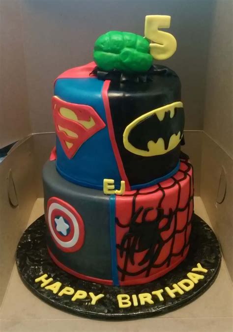 Cutting in to the cake for the. Dc And Marvel Superhero Themed 2 Tier Birthday Cake - CakeCentral.com