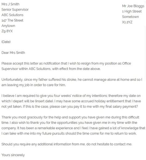 resignation letter  due  family illness