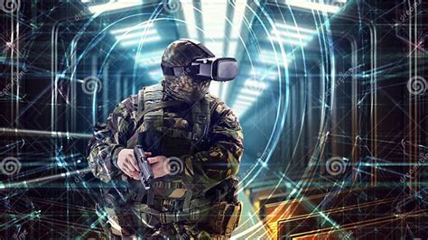 Soldier In Virtual Reality Glasses Military Concept Of The Future