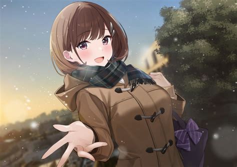 Wallpaper Anime Girls Scarf Snow Brunette Blushing 2048x1443