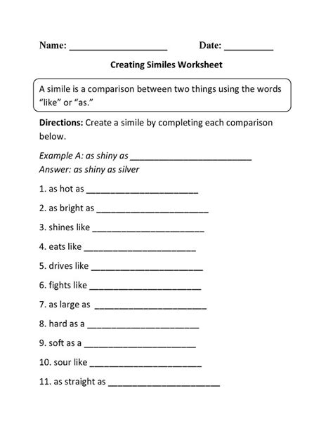 4th Grade Worksheet Similes Free Printable
