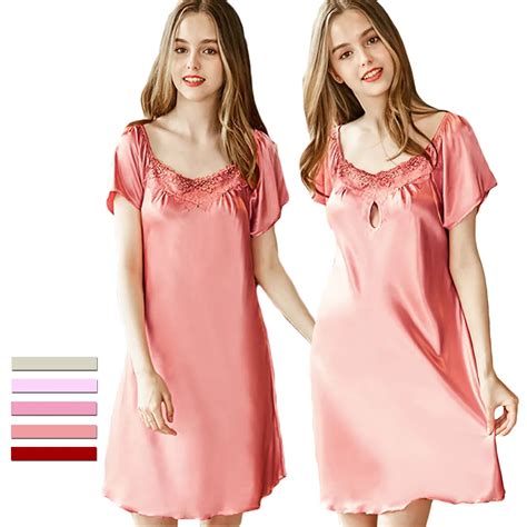 Unlimon Women Silk Nighties Satin Lace Hollow Nightgown Ladies Sexy Short Sleeve Nightdress M