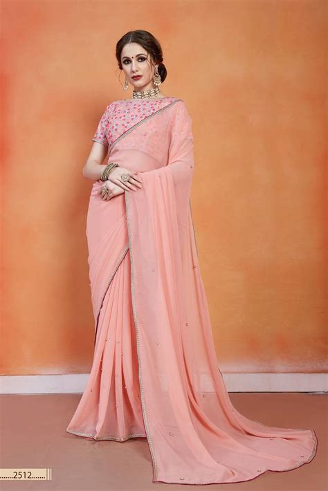 Peach Embroidered Georgette Saree With Blouse Mesmore 3495690