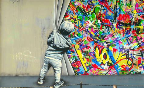 Street Art Of Boy Pulling Back Curtains To Reveal Graffiti Digital Art