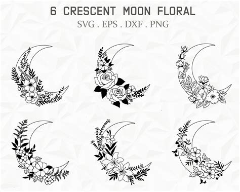 6 Floral Crescent Moon Svgcrescent Moon Svgfloral Etsy