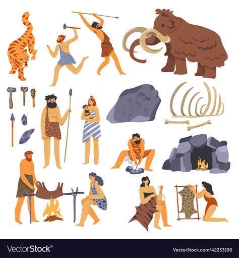 Primitive Culture Neanderthal People And Mammoth Vector Image