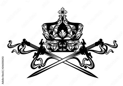 Royal King Crown And Crossed Swords Black And White Vector Heraldic