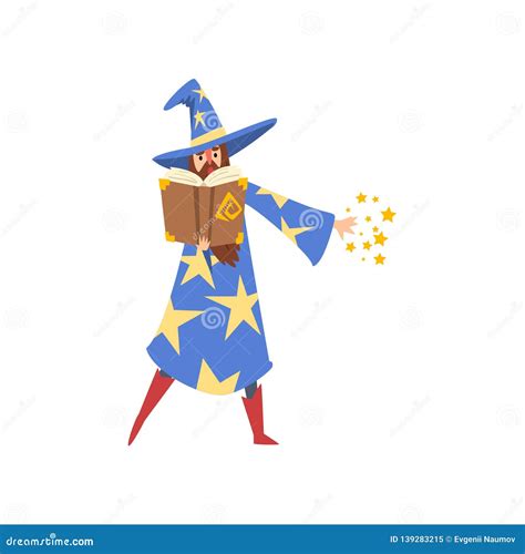 Male Sorcerer Conjuring Bearded Wizard Character Wearing Blue Mantle