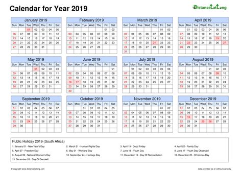 Calendar Horizintal Grid Sunday To Saturday Bank Holiday South Africa 2019