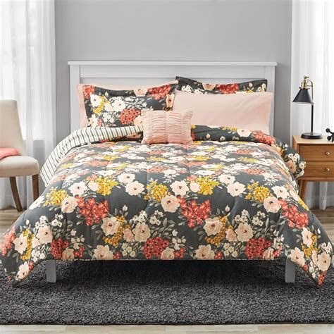 Mainstays Grey Floral Bed In A Bag Bedding Full