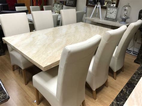 A table has horizontally grooved aprons, round tapered fluted legs; beautiful cream marble dining table and 6 chairs | in ...