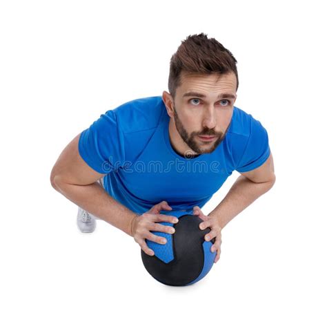 Athletic Man Doing Exercise With Medicine Ball Isolated On White Stock