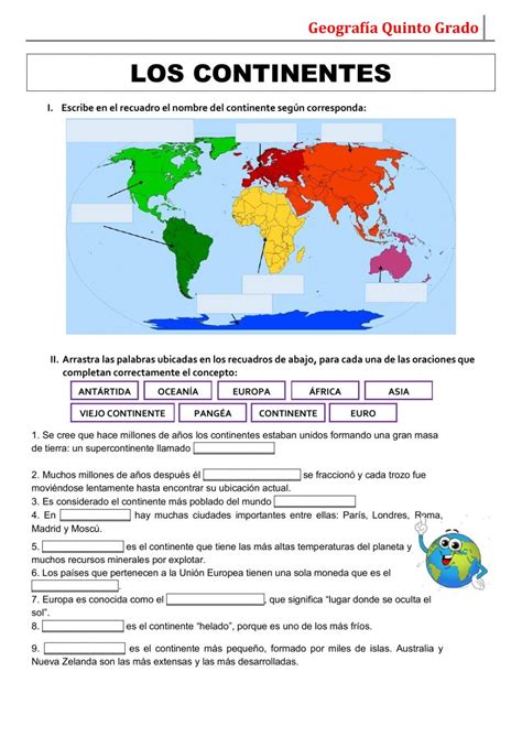 Actividad pdf online de los continentes para 1º primaria Artofit