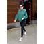 Kendall Jenner  Wearing Black Leggings And A Green Sweatshirt In NYC