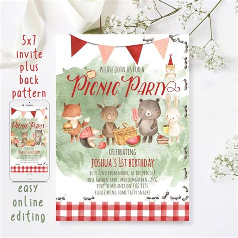 Picnic Birthday Party Picnic Invitation Template Printable Etsy