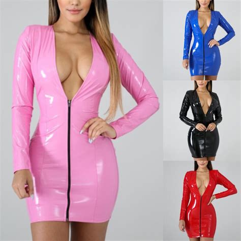 Women Pure Color Imitation Leather Dress With Zipper Pu High Elastic Deep V Neck Short Dress Bag