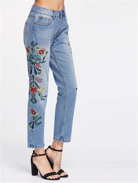 shop high waist embroidery full length jeans online shein offers high waist embroidery full