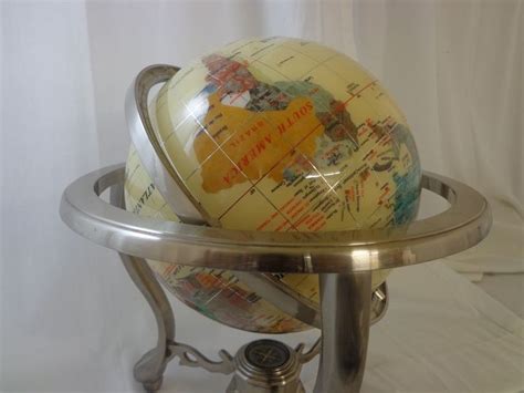World Globe W Semi Precious Gem Stone Inlay On Stand Semi Precious