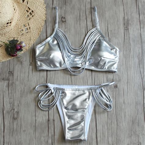 2019 New Shiny Silver Bikini Women Swimwear Female Swimsuit Two Pieces