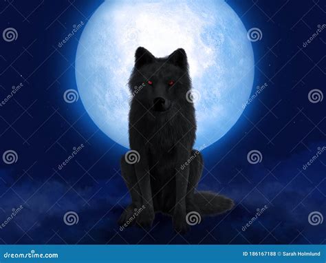 3d Rendering Of Black Wolf With Red Eyes In Moonlight Stock