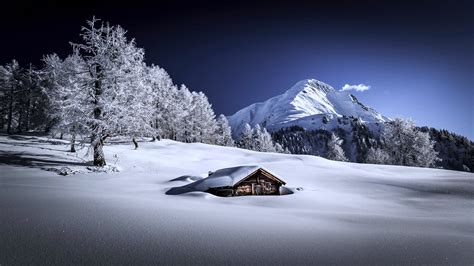 Snow Landscape Houses Mountains Forest Trees Winter