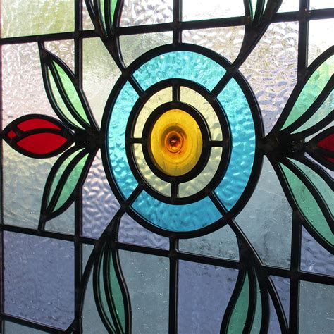 Intricate Floral Art Nouveau Stained Glass Panel From Period Home Style
