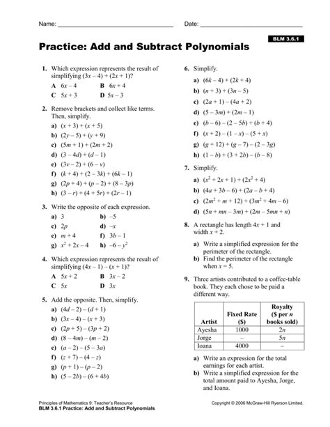 Add And Subtract Polynomials Practice