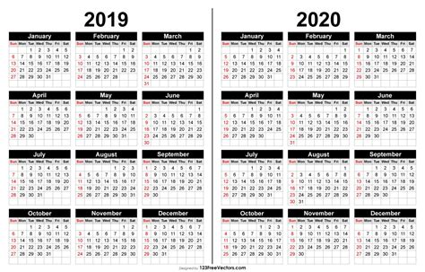 2019 And 2020 Calendar Printable Printable Yearly Calendar Yearly