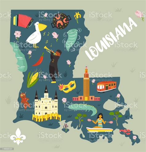 Louisiana Cartoon Map With Landmarks And Symbols For Banners Books