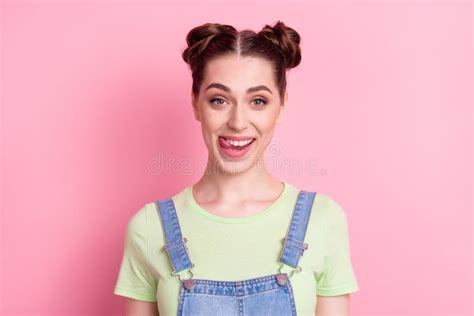 Photo Of Funny Flirty Girl Stick Out Tongue Lick Teeth Wear Jeans