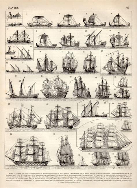 Old Ships Antique Print 1897 Vintage Lithograph Sailboat Poster