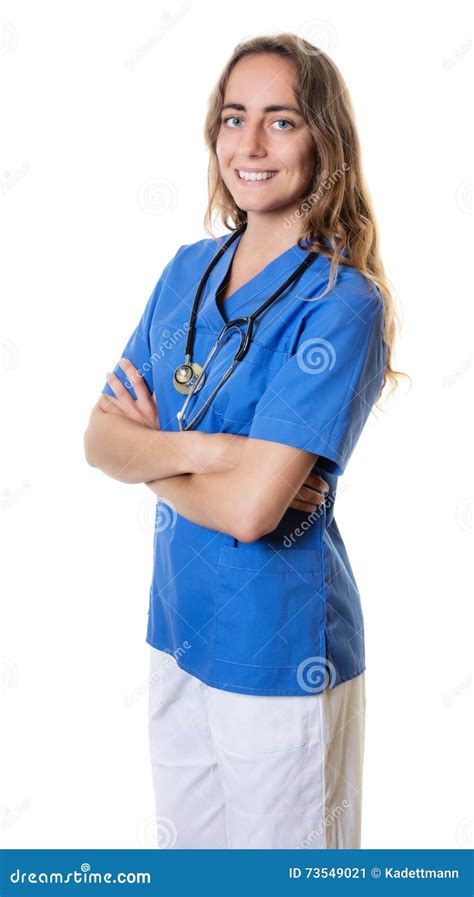 Laughing Caucasian Nurse With Crossed Arms Stock Image Image Of Doctor Helpful 73549021